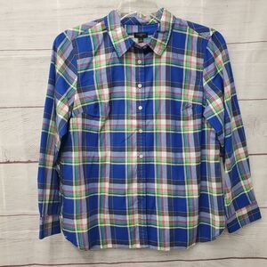 Talbots Petites Blue Yellow Plaid Button Front Shirt Large Long Sleeve Flannel